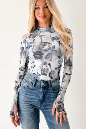 Love At Last Floral Mesh Long Sleeve Top (Retro Blue) Stylish T-shirt