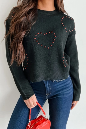 Loved You Forever Rhinestone Heart Sweater (Black) Flatlock stitching