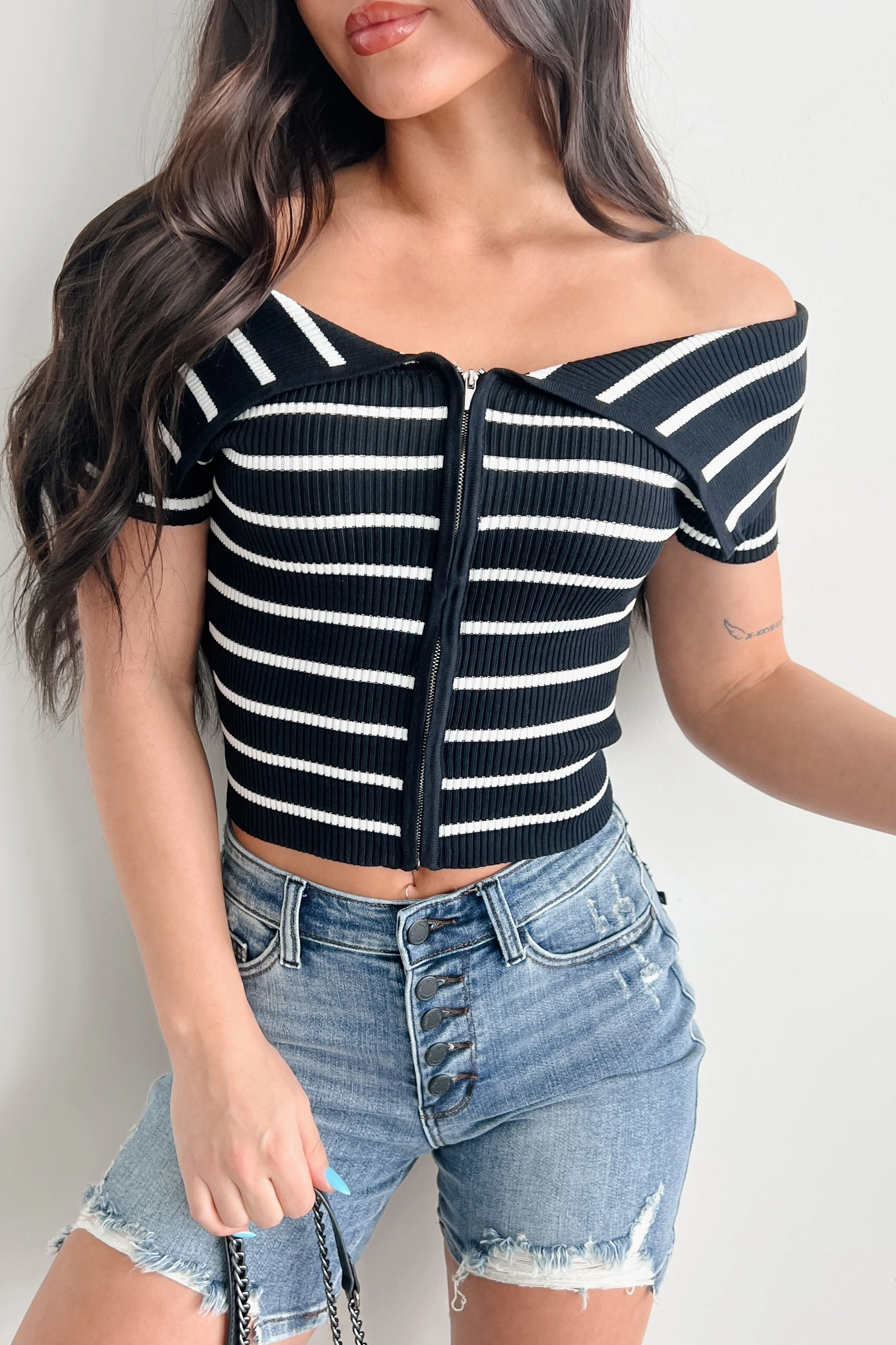 Lovely & Kind Off The Shoulder Striped Zip-Up Top (Black) Two Tone Weave