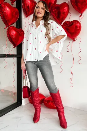 Stretchy Top SheerLayering Lovestruck Babe Heart Embroidered Oversized Button-Down (White)