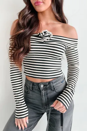 Lovestruck Fool Stripe Rosette Off The Shoulder Top (Black) WideNeckline Adaptive Fit Technology