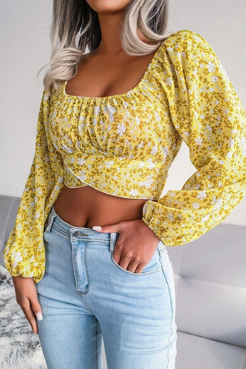 Flexible Waistband ElasticTrimming LANTERN SLEEVE BOW FLORAL CHIFFON CROP BLOUSE
