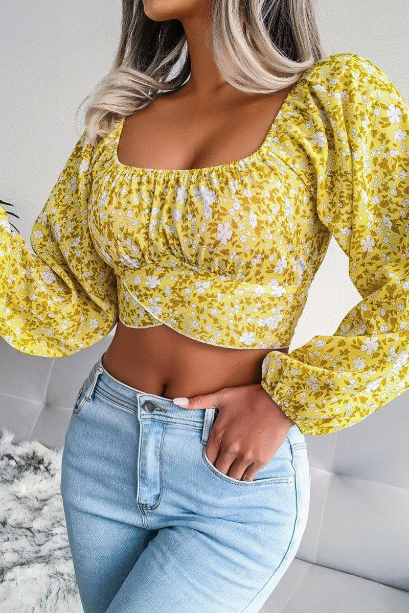 LANTERN SLEEVE BOW FLORAL CHIFFON CROP BLOUSE SnagFreeKnit