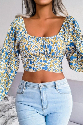 LANTERN SLEEVE BOW FLORAL CHIFFON CROP BLOUSE Buttery Soft Feel