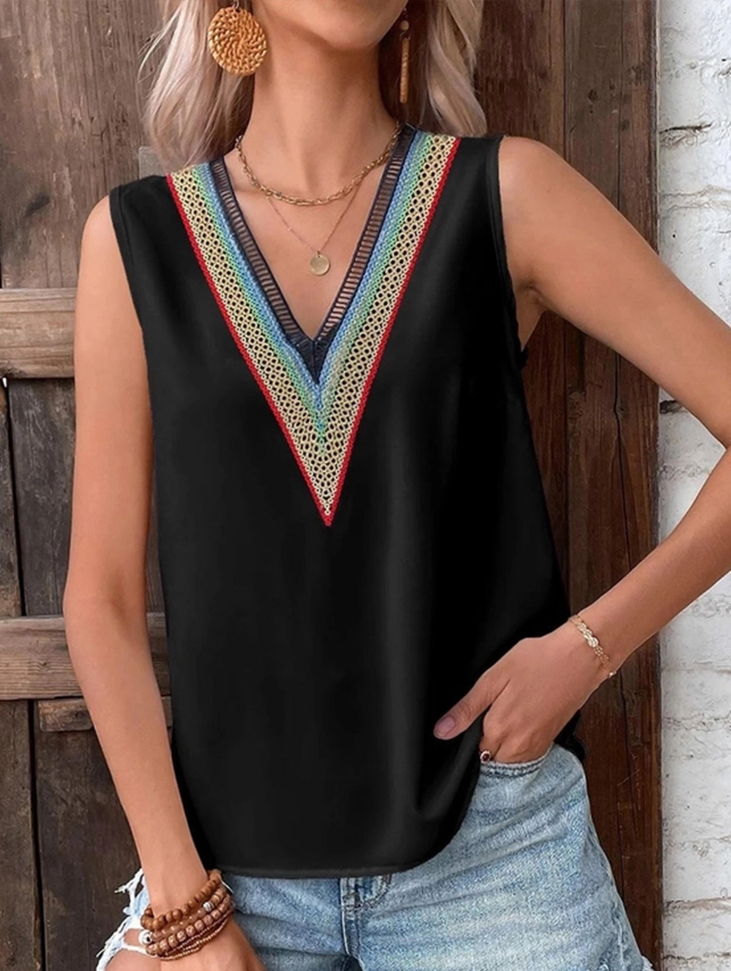 BreathableMesh ZeroWasteProduction MULTICOLOR LACE V NECK SLEEVELESS BLOUSE