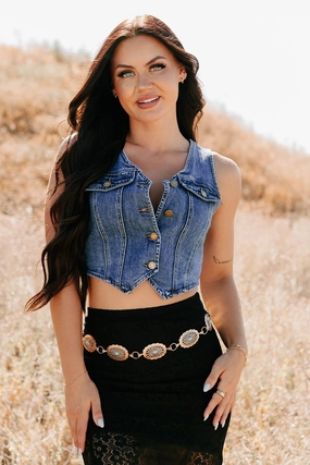 Downhome Darling Sleeveless Denim Vest (Blue Haze) AdjustableNeckline EcoFriendlyBlend