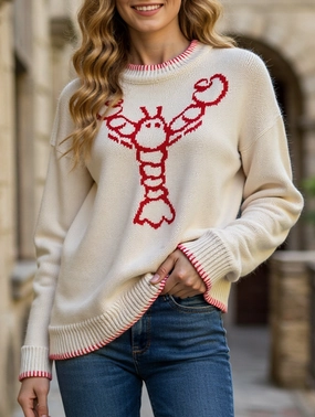Animal pattern round neck pullover sweater DoubleNeedle Stitching