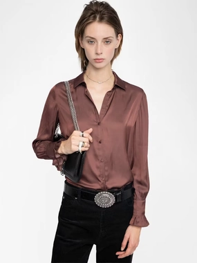 Hidden Storage Pockets Glow In The Dark Accent Trim Thely Satin Shirt Burgundy