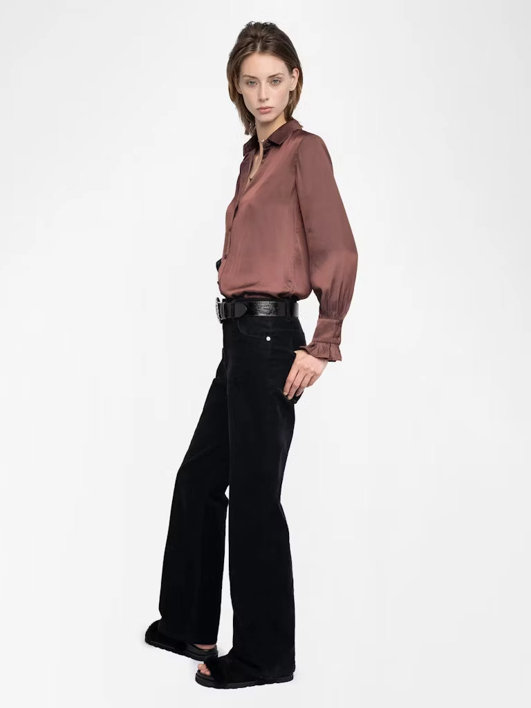 Thely Satin Shirt Burgundy StretchFabric MultiPocket Design