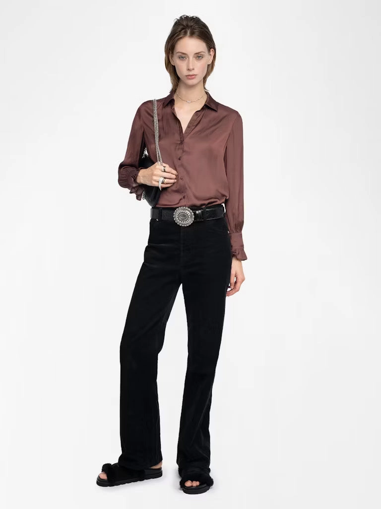 Thely Satin Shirt Burgundy Pocket Reinforcement Hypoallergenic Textile