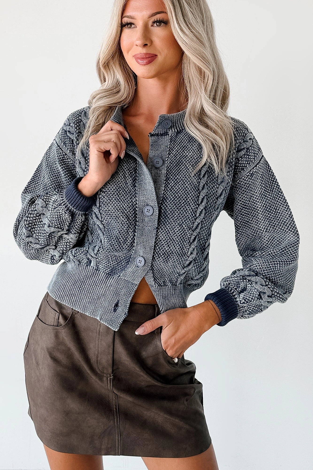 Friction Reducing Finish Soft Touch Fabric After The Rain Washed Cable Knit Cardigan (Denim Blue)