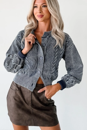 Comfort Cushion Neckline After The Rain Washed Cable Knit Cardigan (Denim Blue)