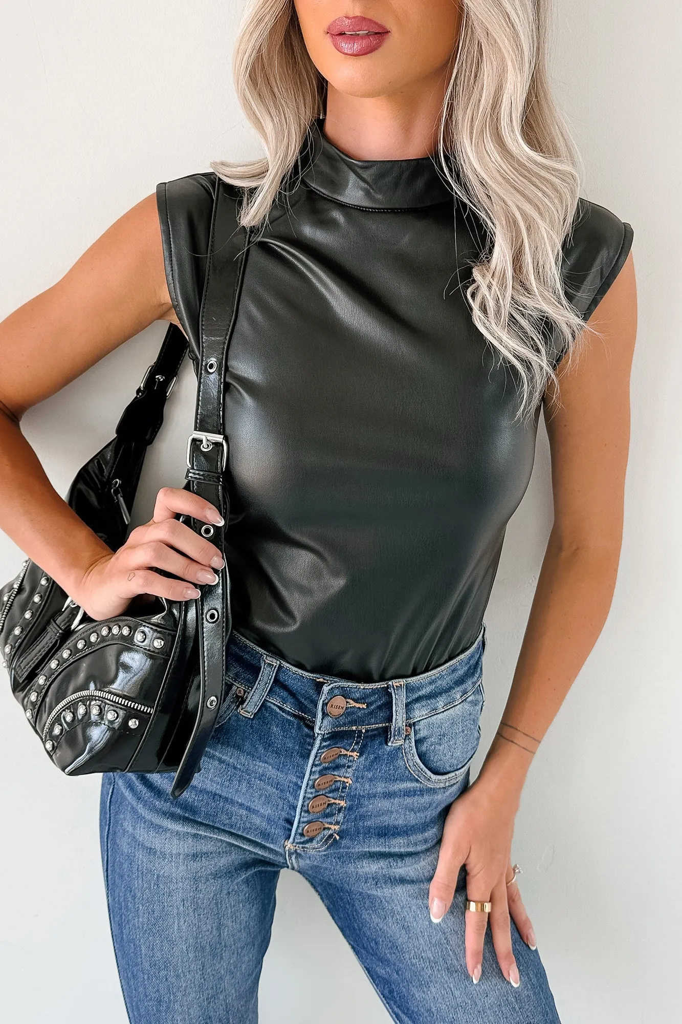 Lucid Dreaming Faux Leather Mock Neck Bodysuit (Black) AdjustableHemCuffs