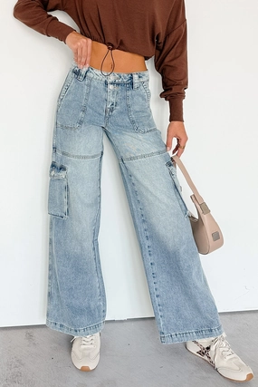 Lucy Cargo Mica Denim Wide Leg Cargo Jeans (Medium) Cozy and Relaxed