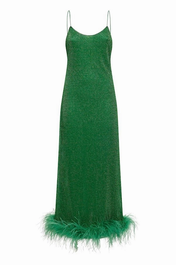 Summer Outfit Bishop-Sleeve Lumiere Plumage Slip Dress Emerald Green