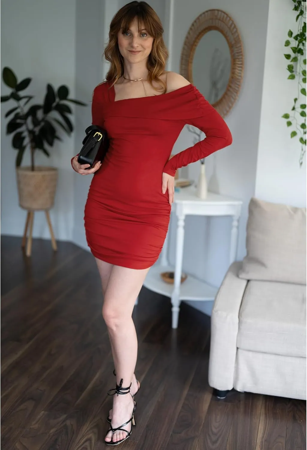 luvamia One Shoulder Dresses for Women Bodycon Long Sleeve Ruched Cocktail Party Date Night Short Dress Special Occasion