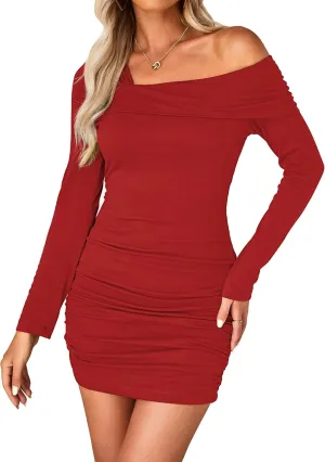 luvamia One Shoulder Dresses for Women Bodycon Long Sleeve Ruched Cocktail Party Date Night Short Dress Special Occasion