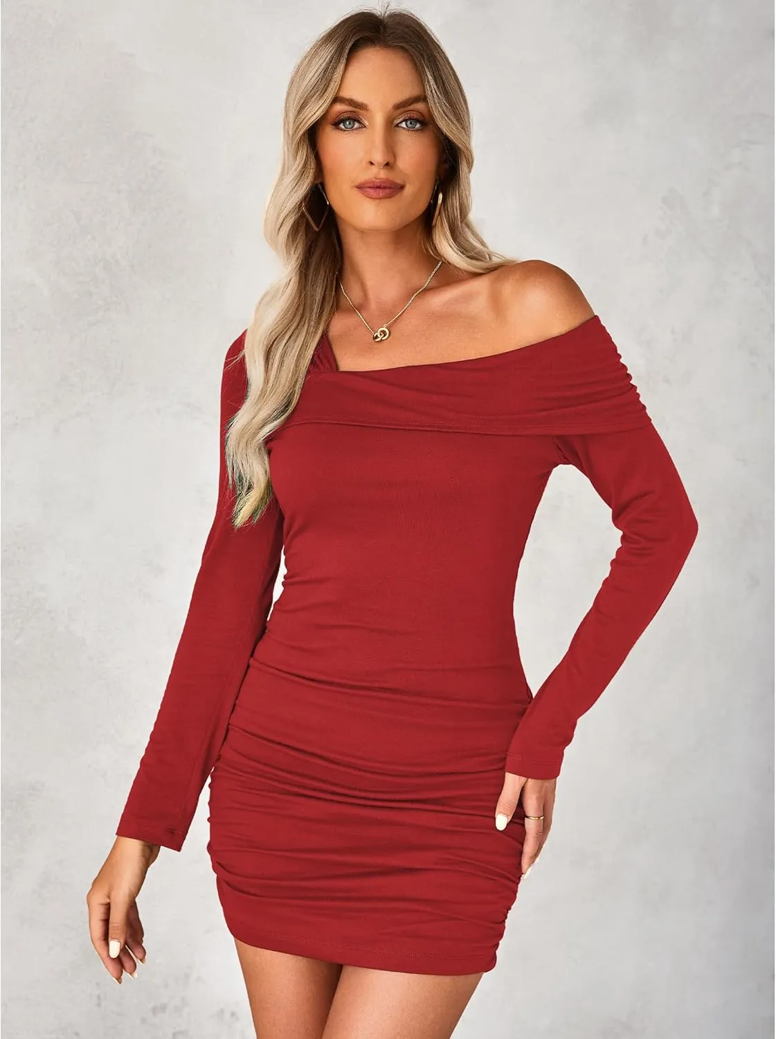 luvamia One Shoulder Dresses for Women Bodycon Long Sleeve Ruched Cocktail Party Date Night Short Dress Special Occasion