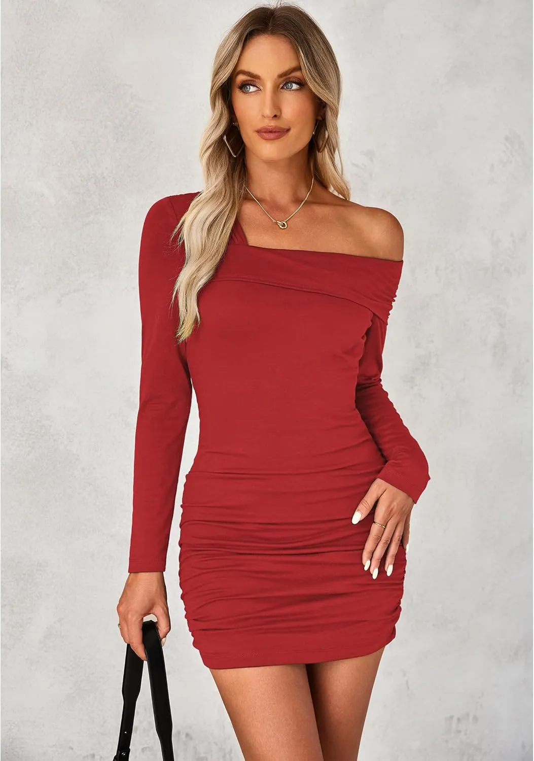luvamia One Shoulder Dresses for Women Bodycon Long Sleeve Ruched Cocktail Party Date Night Short Dress Special Occasion