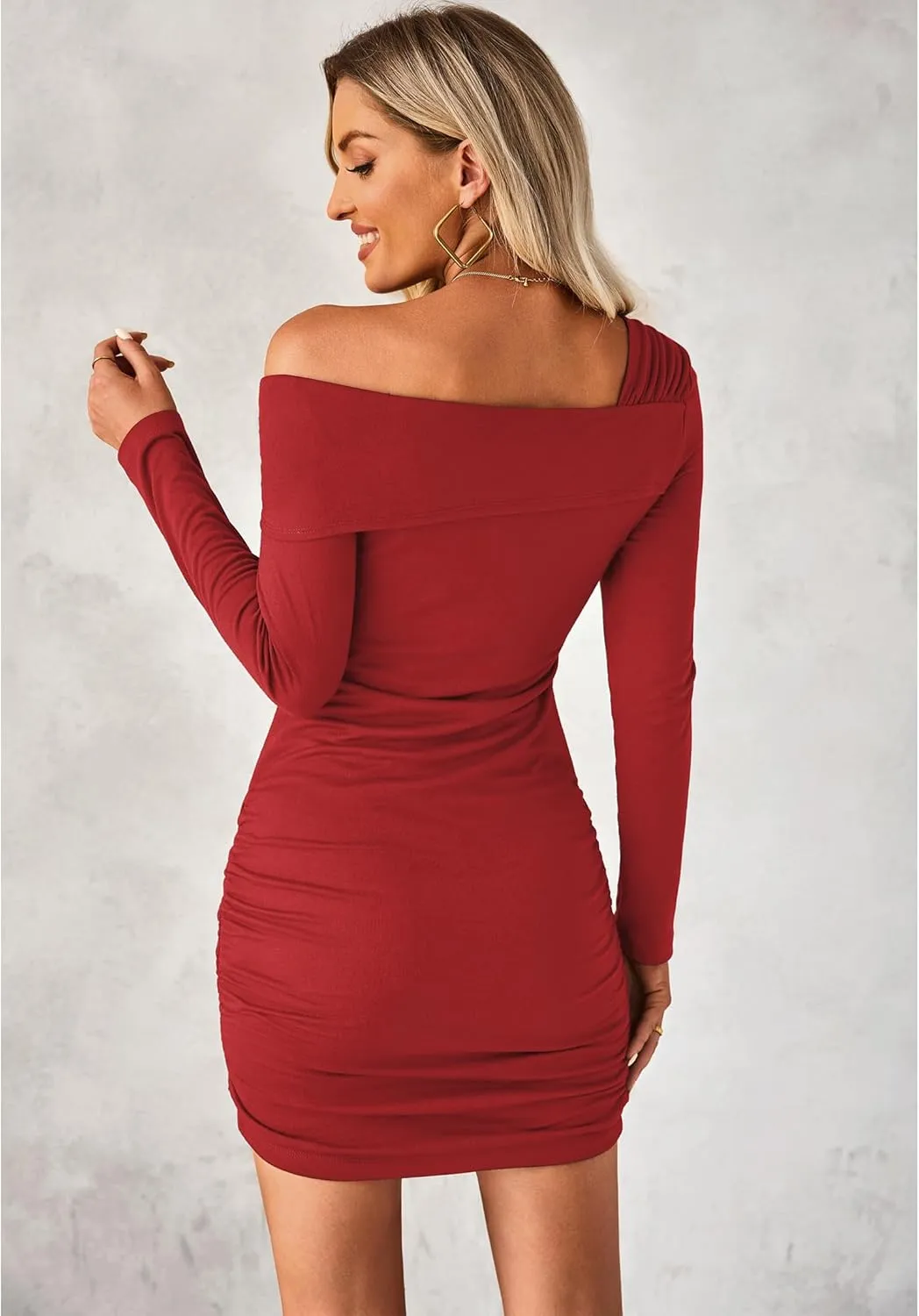 luvamia One Shoulder Dresses for Women Bodycon Long Sleeve Ruched Cocktail Party Date Night Short Dress Special Occasion