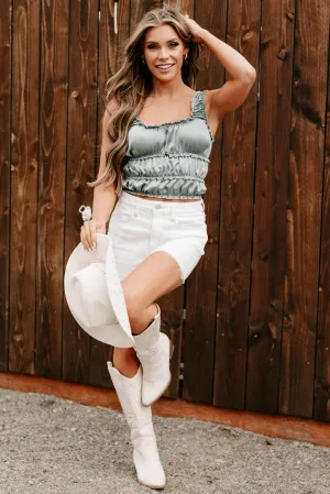 Luxe On Loop Ruched Satin Sleeveless Top (Sage Green) Flatlock stitching Fashionable Tank