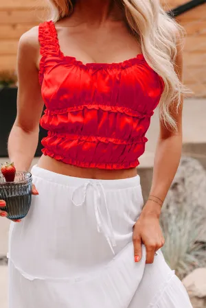 PaddedInsulation EasyCareMaterial Luxe On Loop Ruched Satin Sleeveless Top (Tomato)