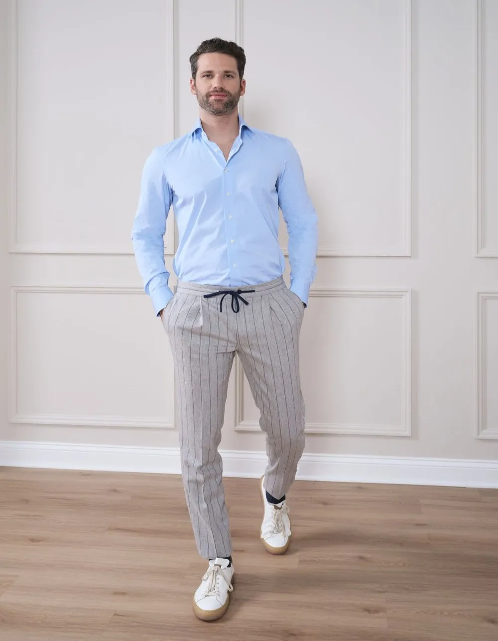 LUXURY CHALK STRIPE STRETCH FANNEL PANTS