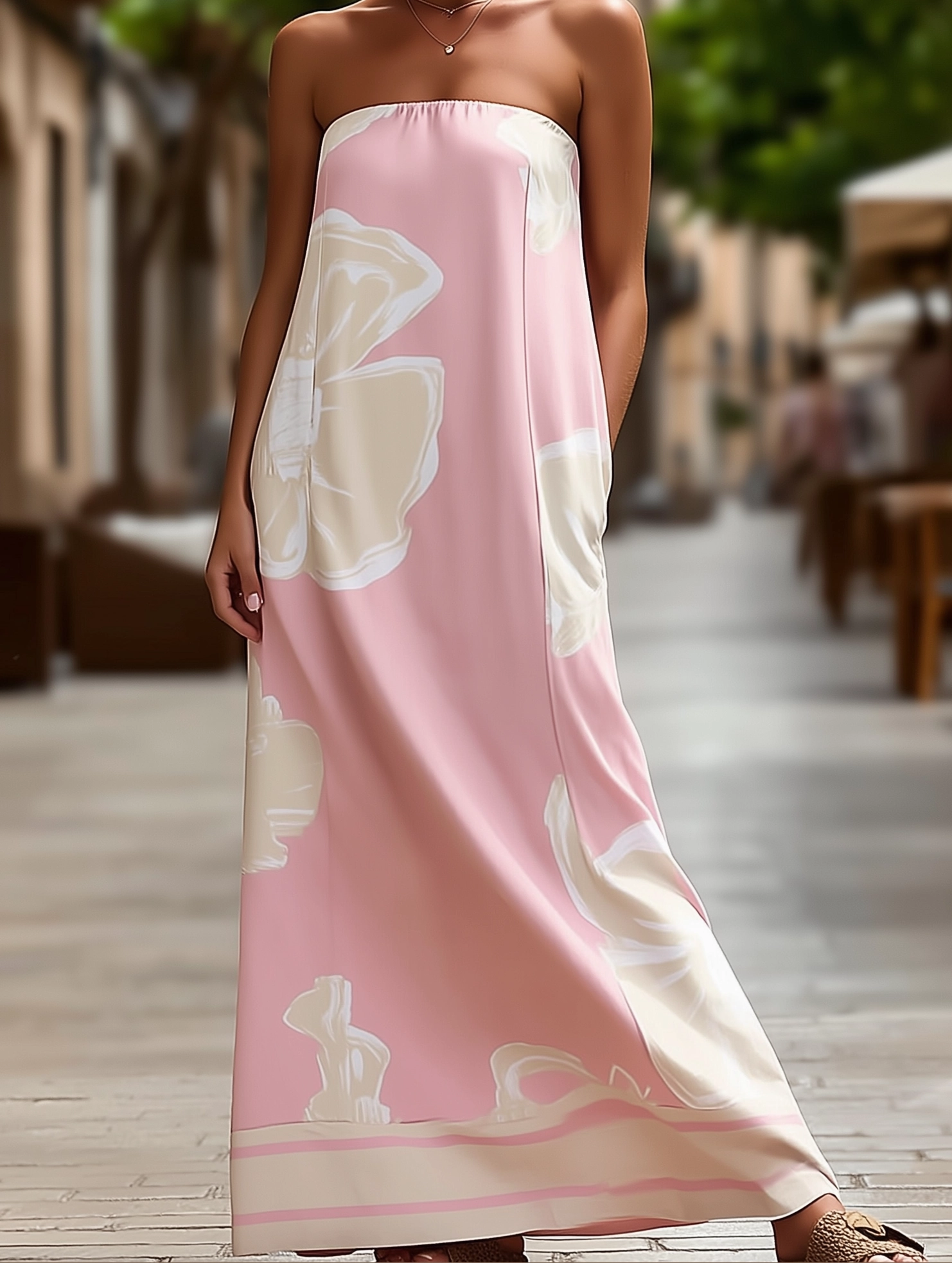 Relaxed Style Youthful Feel Summer Sexy Tube Top Printed Swing Dress ??Strapless Casual Dress