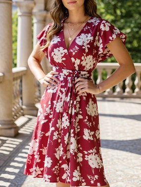 Easy Tones V-Neck Belted Oversized Red Dress ??Plus Size Statement Piece