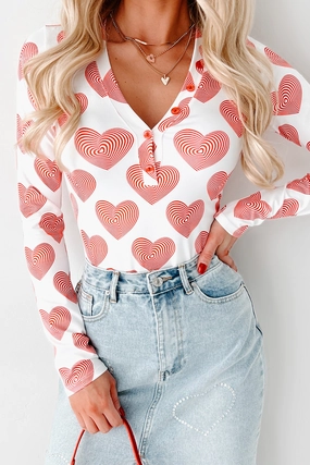 Madly In Love Spiral Heart Print Long Sleeve Bodysuit (Red/White) LowImpact Dye Process