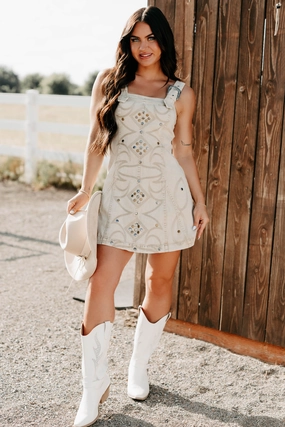 Soft-touch Outfit Boost Prairie Blossom Western Denim Mini Dress (Sand)