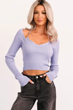 Interlock Stitch Detail Printed Hoodie Main Character Era Layered Ribbed Knit Top (Lavender)