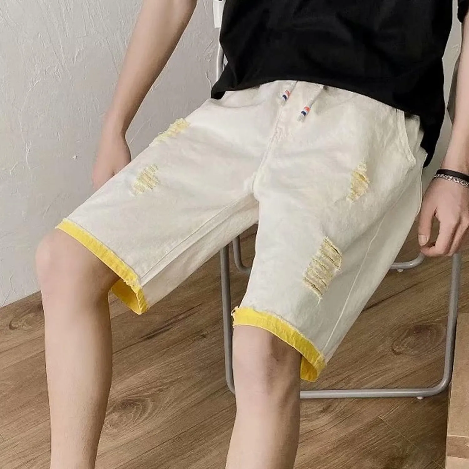 Maiyifu-GJ Men's Drawstring Elastic Waist Denim Shorts Loose Fit Jean Shorts Casual Relaxed Ripped Denim Shorts