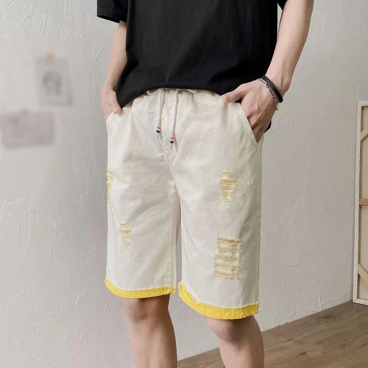 Maiyifu-GJ Men's Drawstring Elastic Waist Denim Shorts Loose Fit Jean Shorts Casual Relaxed Ripped Denim Shorts