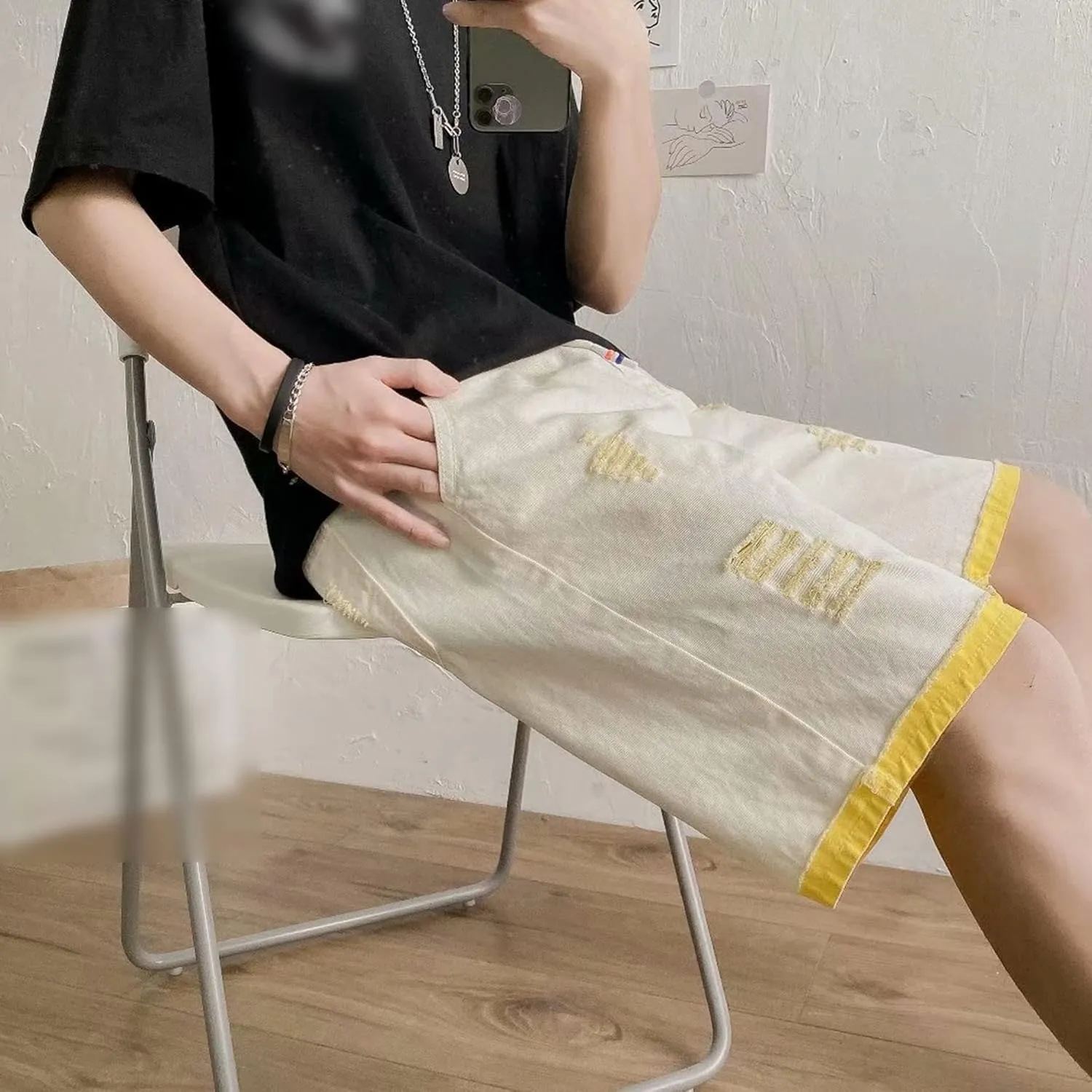 Maiyifu-GJ Men's Drawstring Elastic Waist Denim Shorts Loose Fit Jean Shorts Casual Relaxed Ripped Denim Shorts