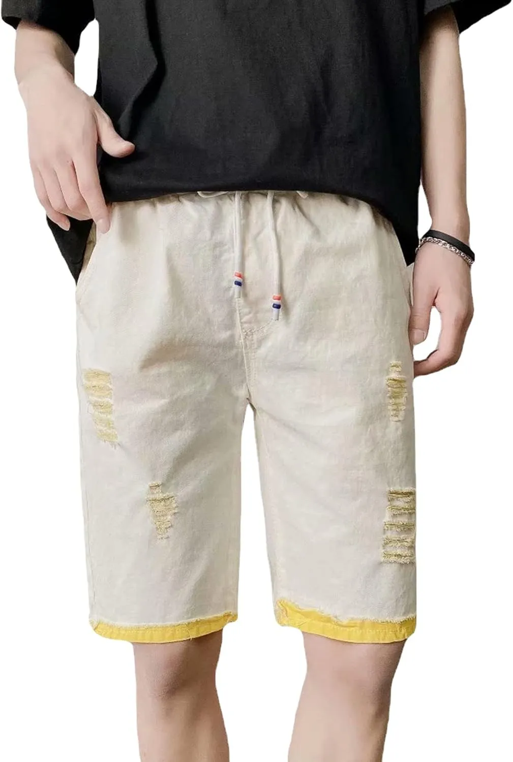 Maiyifu-GJ Men's Drawstring Elastic Waist Denim Shorts Loose Fit Jean Shorts Casual Relaxed Ripped Denim Shorts