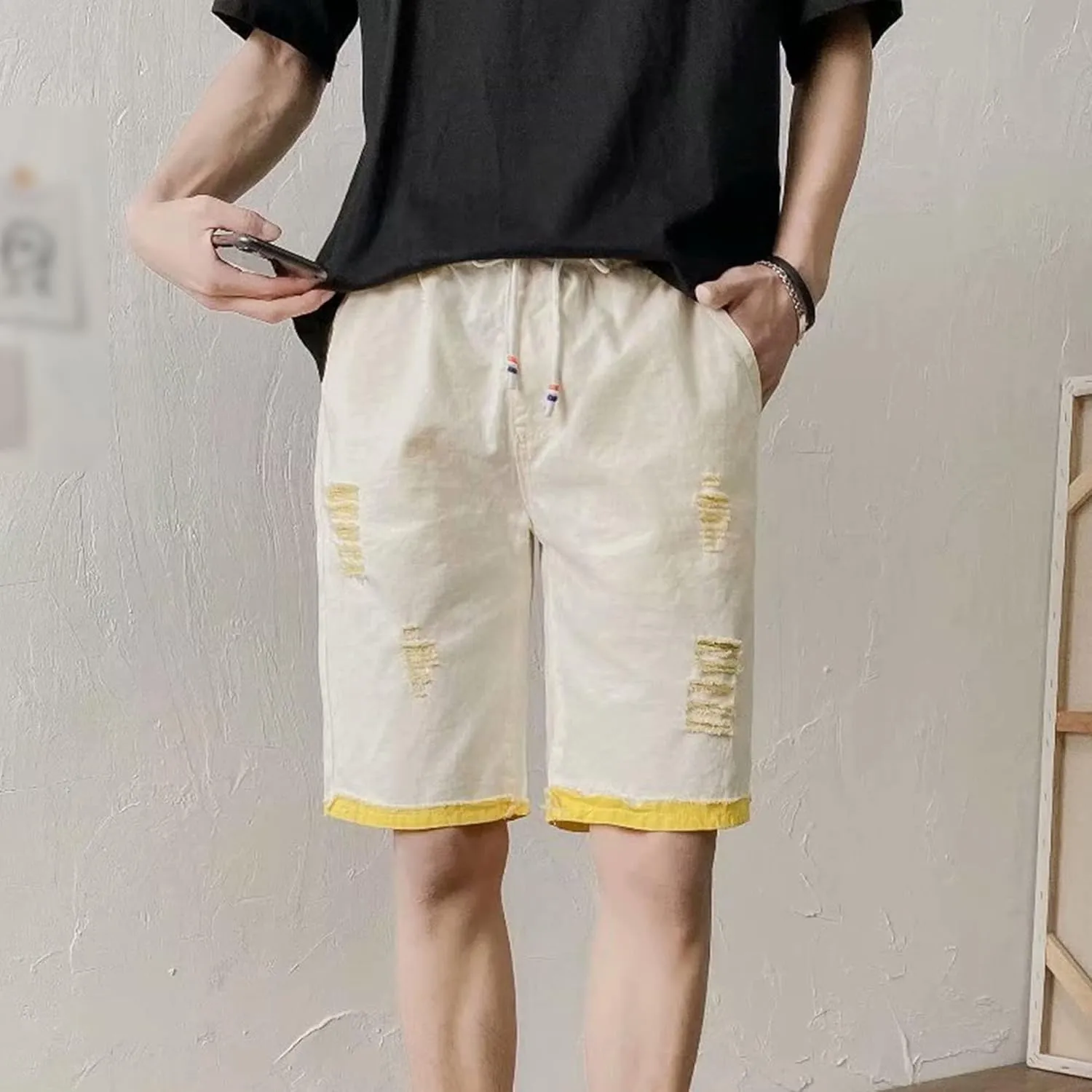 Maiyifu-GJ Men's Drawstring Elastic Waist Denim Shorts Loose Fit Jean Shorts Casual Relaxed Ripped Denim Shorts