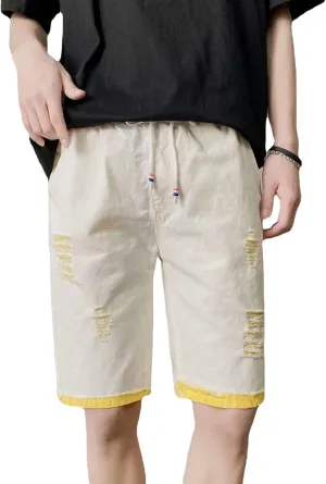 Maiyifu-GJ Men's Drawstring Elastic Waist Denim Shorts Loose Fit Jean Shorts Casual Relaxed Ripped Denim Shorts