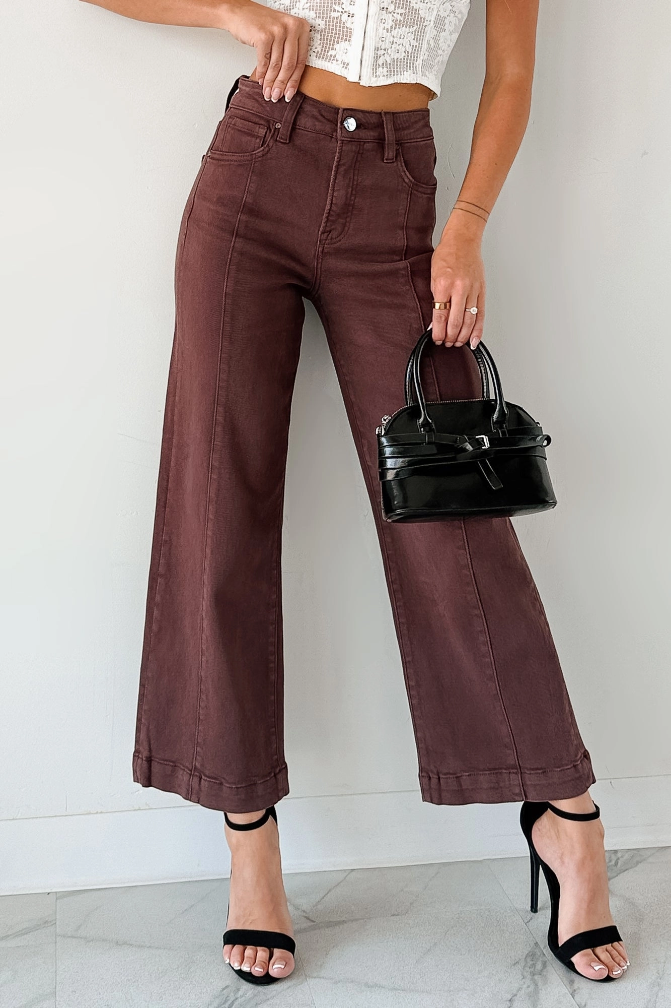 All Use Fade Resistant Dye Maizie Tummy Control Wide Leg Cropped Risen Jeans (Choco Brown)