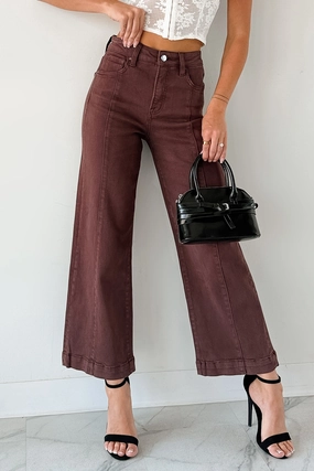 Maizie Tummy Control Wide Leg Cropped Risen Jeans (Choco Brown) Soft Brushed Lining FadeResistantTreatment