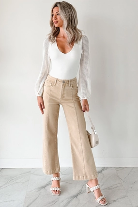 Maizie Tummy Control Wide Leg Cropped Risen Jeans (Latte) elastic waistband MachineWashable