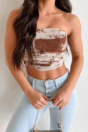 Makenna Printed Mesh Tube Top (Brown) Moisture Management BioBased Fiber