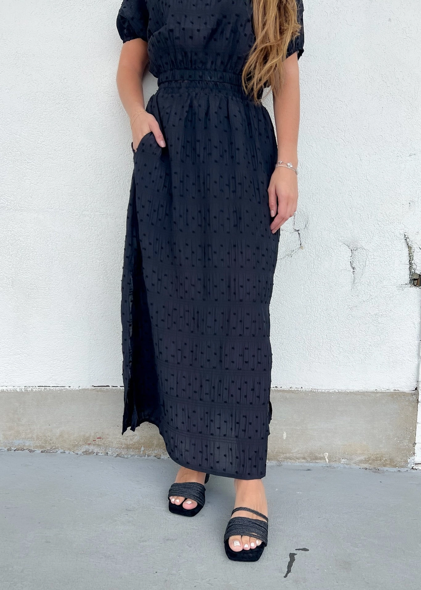 Stretchable Waist Maxi length MALIA TEXTURED MIDI SKIRT