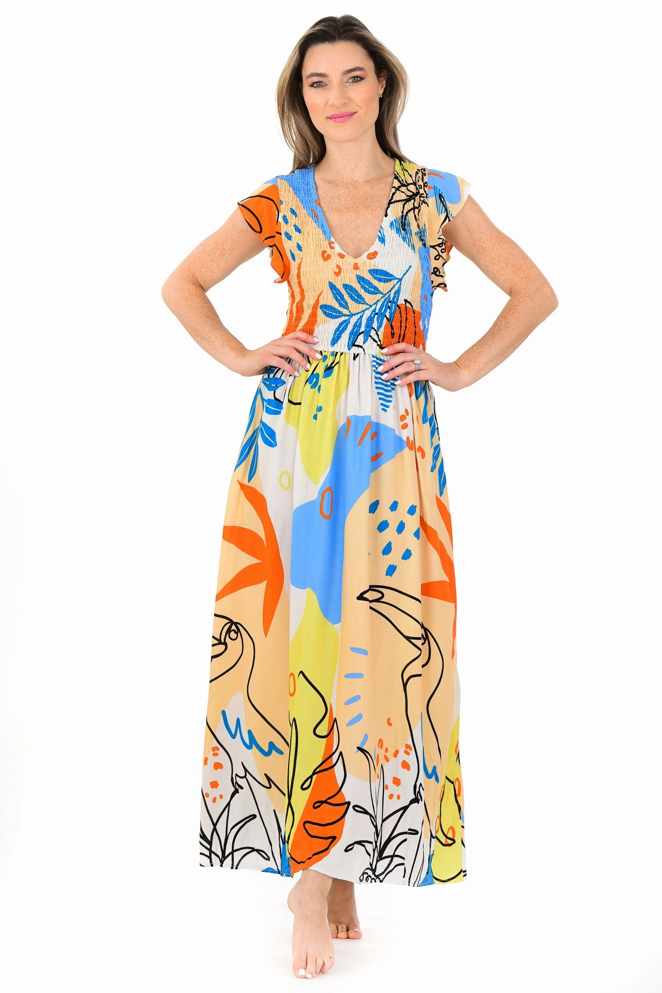 Malibu Dress / Periwinkle Toucan Elastic-Cuff Relaxed work dress