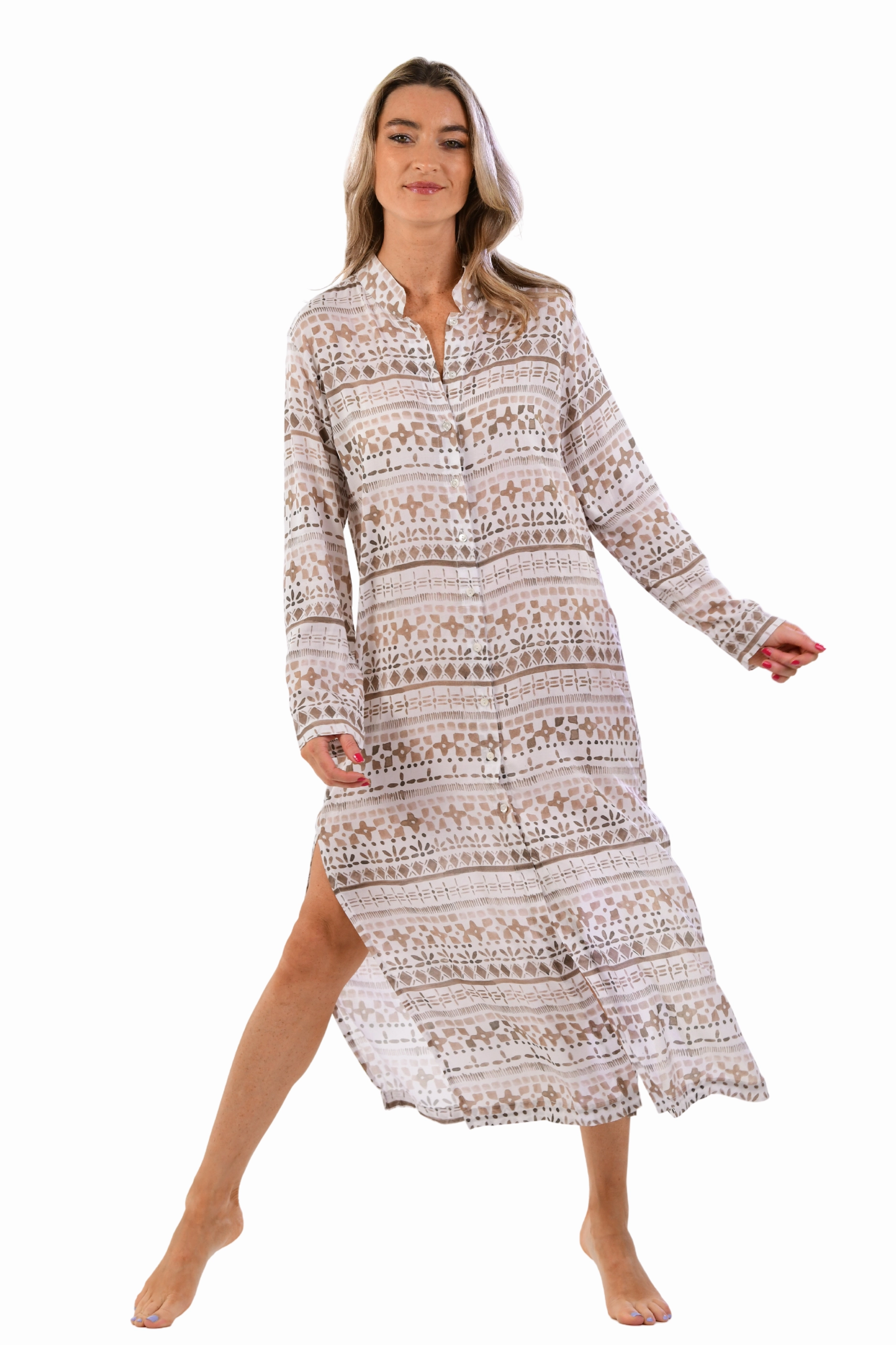 Comfortable Layer Bright Bloom Mandarin Duster / Taupe Geo