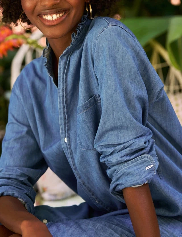 Layered Comfort Playful-Detail Mary Ruffle Classic Shirtdress Vintage Stonewashed Indigo
