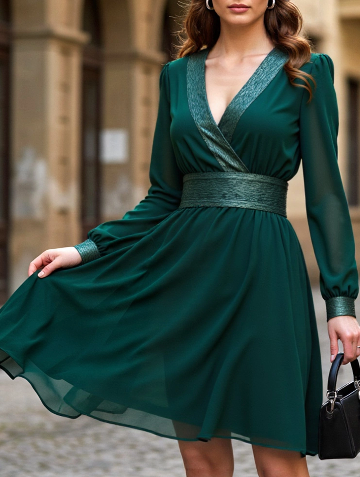Fashionable Layers Solid color chiffon V-neck long-sleeved dress