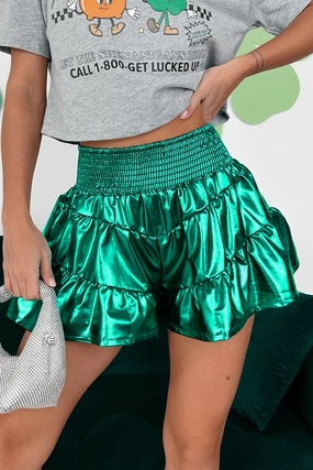 Maura Tiered Metallic Shorts (Green) ribbed texture Beach Vacation