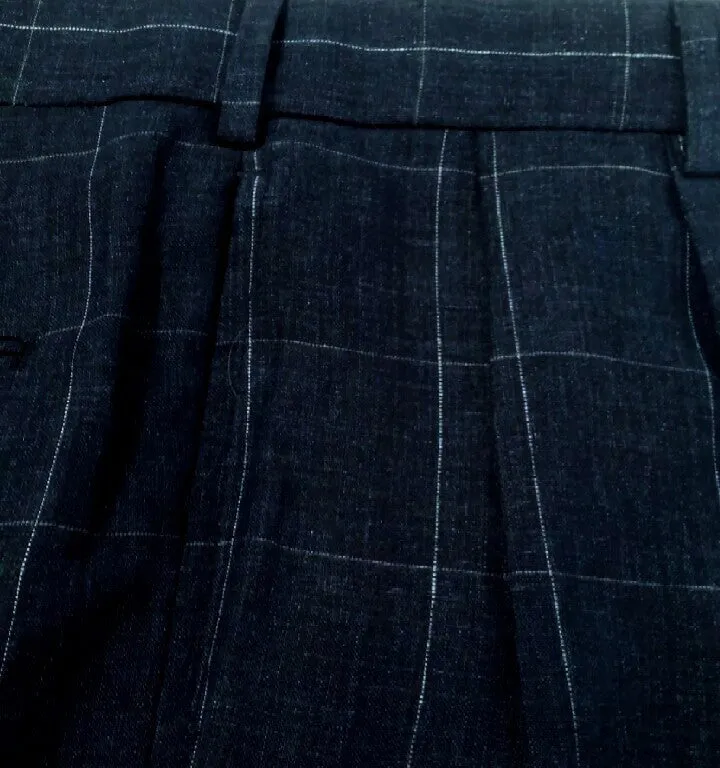 Maus&Hoffman- Navy Windowpane, Linen Pleated Trousers- size 36x31