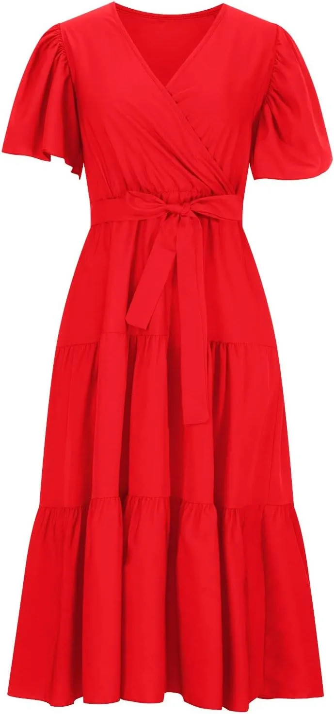 Maxi Dress for Women,2024 Summer Elegant V Neck Short Sleeve Beach Dress, Trendy Flowy Tiered A-Line Boho Dress